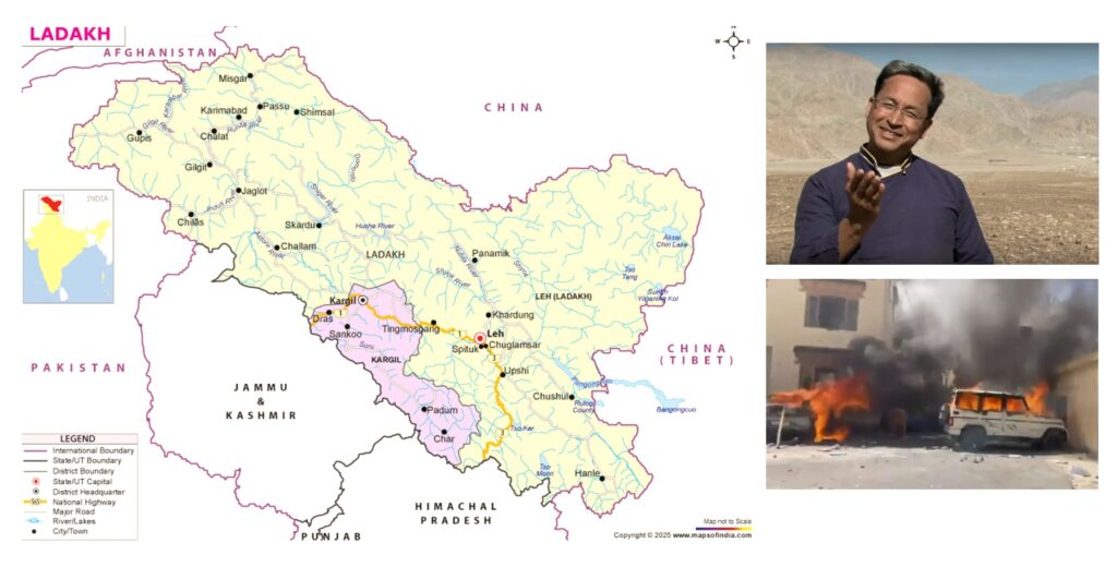 Ladakh protesters clashing with police in Leh during 2025 unrest demanding statehood and autonomy alongside Sonam Wangchuk.