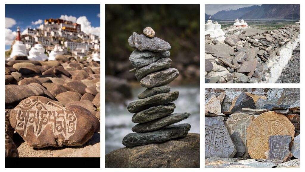 Mani stones engraved with “Om Mani Padme Hum” stacked near a Ladakh monastery and mountain pass – Travel Guide to Ladakh 2026
