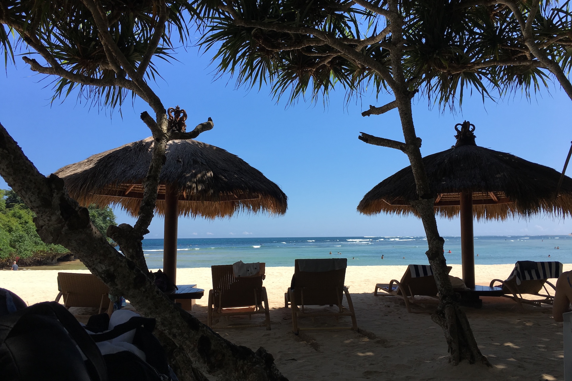 Beach loungers under thatched umbrellas on a sandy shore in Bali, overlooking the blue ocean framed by tropical trees.
