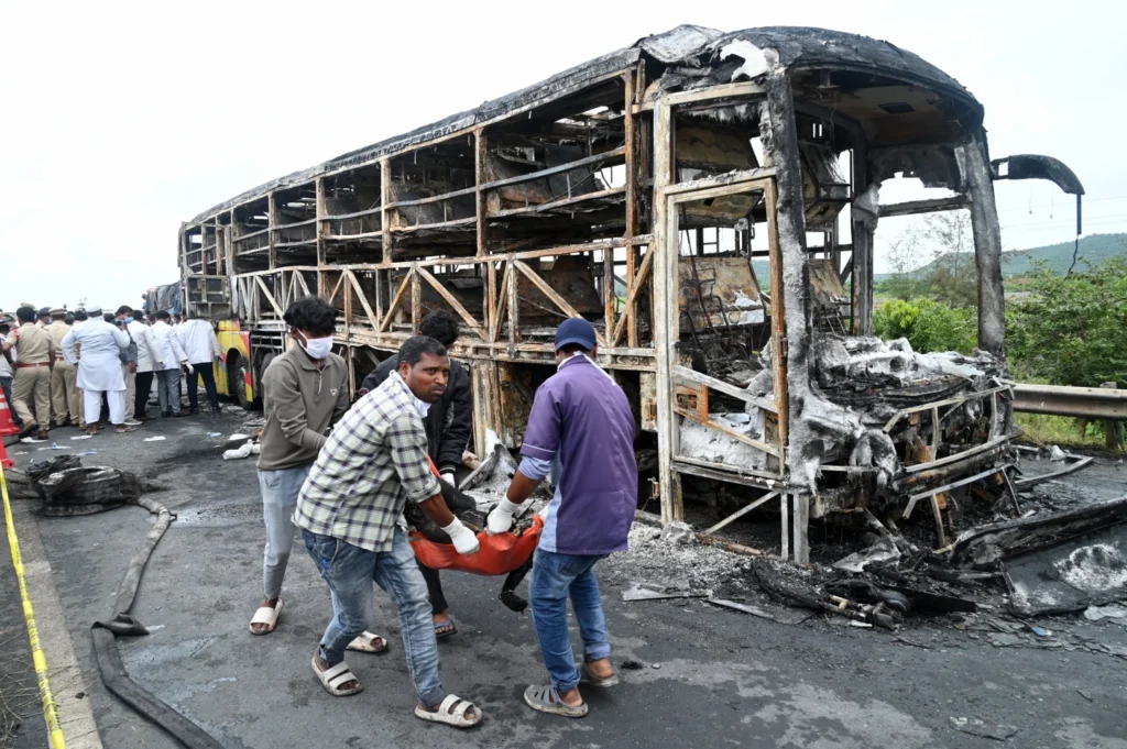 Burned sleeper bus in Kurnool road tragedy