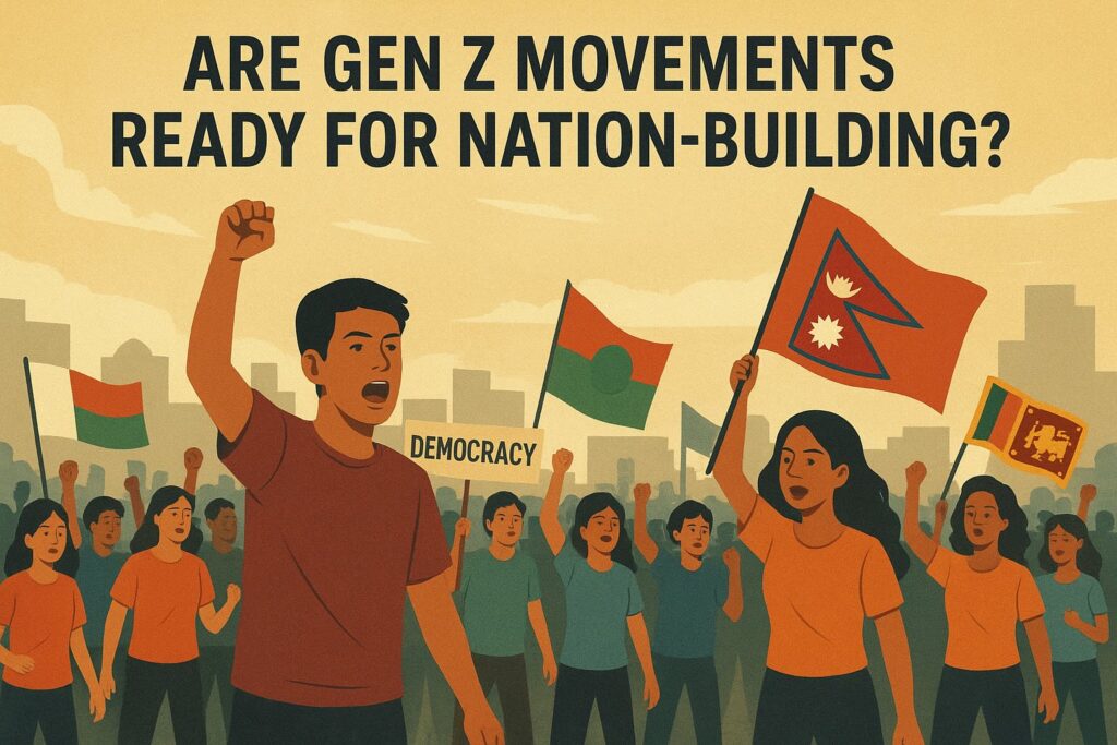 Youth activists holding flags and smartphones during global protests — symbolizing post-digital revolts and governance challenges.