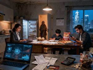 India’s middle class crisis visual – family balancing inflation, work, and education