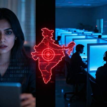 India cybersecurity concept with digital map and human silhouette representing emotional manipulation.