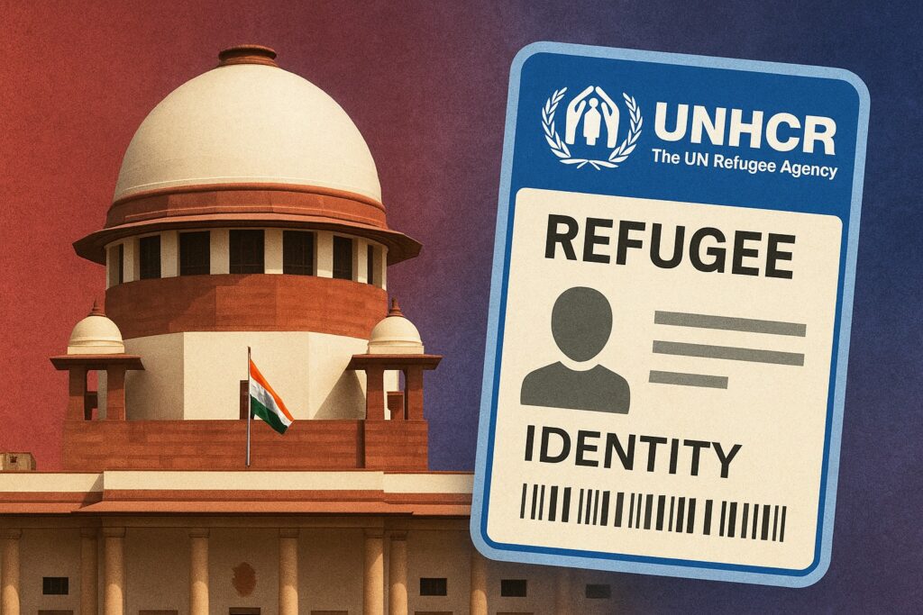 Supreme Court of India building and UNHCR logo representing refugee policy debate