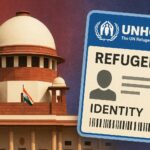 Supreme Court of India building and UNHCR logo representing refugee policy debate