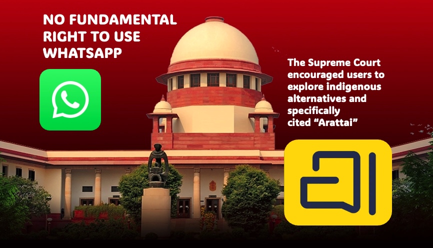 Supreme Court of India building with WhatsApp and Arattai logos.