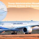 Airplane flying route over a globe with U.S., China, and Russia