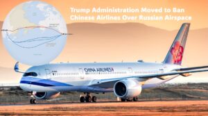 Airplane flying route over a globe with U.S., China, and Russia