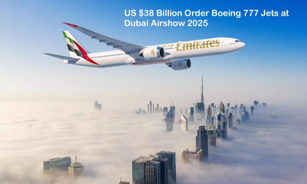 Emirates Boeing 777-9 aircraft in Sky during Dubai Airshow 2025.