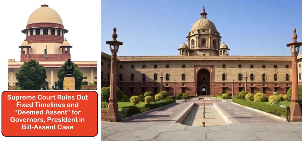 Rashtrapati Bhawan and Supreme Court of India buildings with headline about assent timelines.