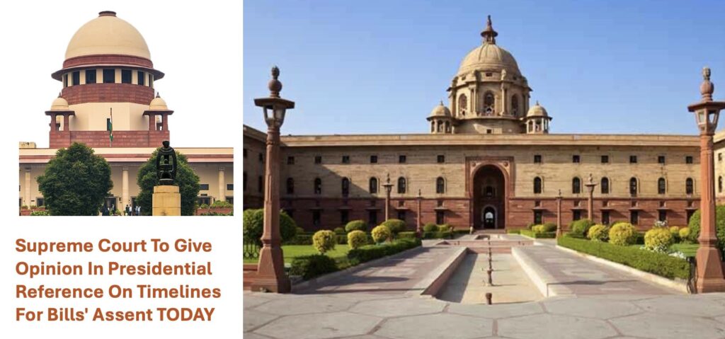 Rashtrapati Bhawan and Supreme Court of India buildings with headline about assent timelines.