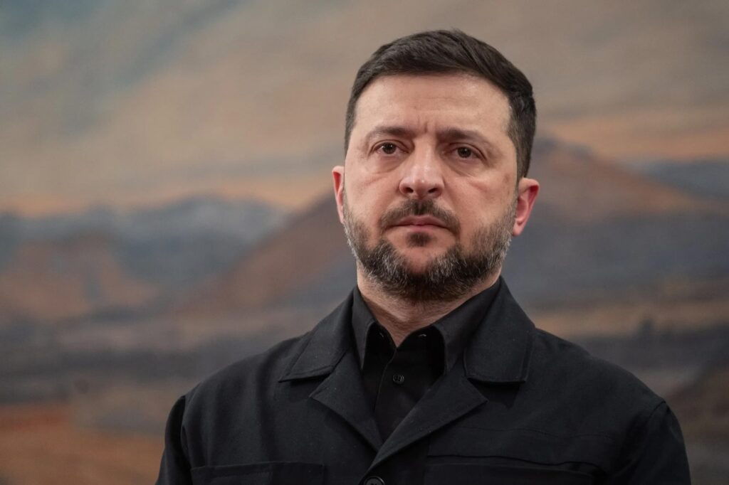 Ukrainian President Volodymyr Zelenskiy at a press conference amid growing international pressure.