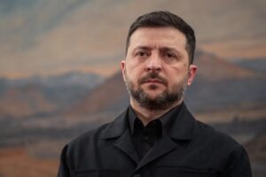 Ukrainian President Volodymyr Zelenskiy at a press conference amid growing international pressure.