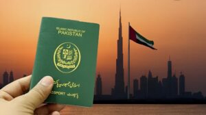 UAE flag fluttering over Dubai Marina – symbolising UAE visa restrictions on Pakistanis