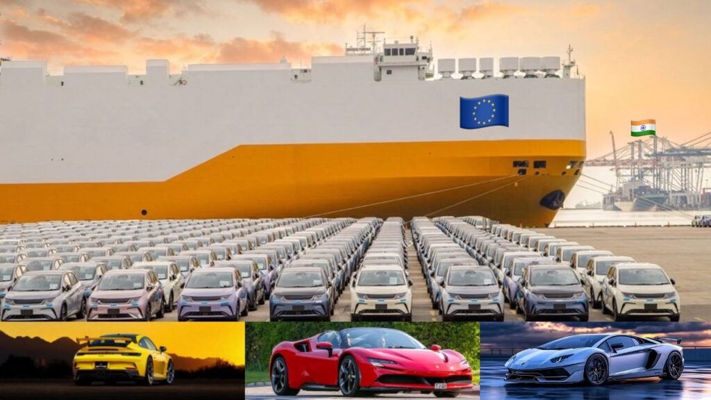 Imported European luxury cars lined up at an Indian port, symbolising high-end vehicle imports amid India–EU FTA tariff negotiations