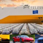 Imported European luxury cars lined up at an Indian port, symbolising high-end vehicle imports amid India–EU FTA tariff negotiations