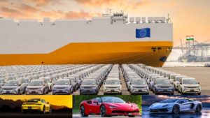 Imported European luxury cars lined up at an Indian port, symbolising high-end vehicle imports amid India–EU FTA tariff negotiations