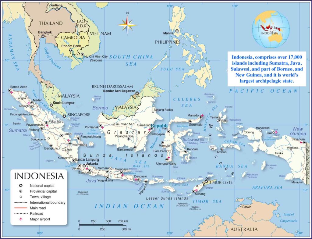Indonesia and its neighbours on a map