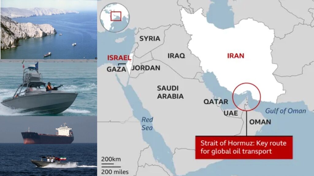 Strait of Hormuz on a map with file pictures of Iranian gun boats near oil tanker