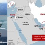 Strait of Hormuz on a map with file pictures of Iranian gun boats near oil tanker