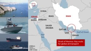 Strait of Hormuz on a map with file pictures of Iranian gun boats near oil tanker