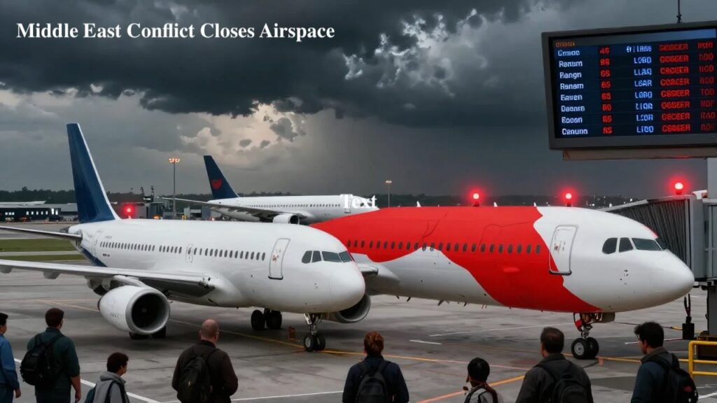 Commercial aircraft grounded at Indian airport with flight cancellation boards showing Middle East airspace closure impact