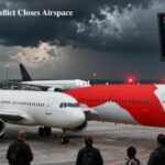 Commercial aircraft grounded at Indian airport with flight cancellation boards showing Middle East airspace closure impact