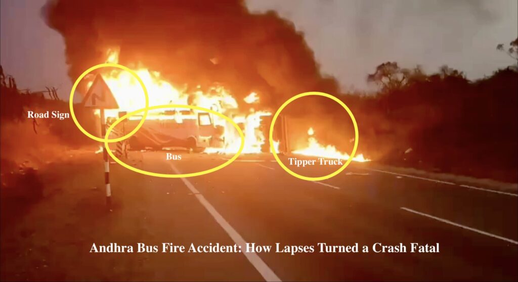 Andhra bus fire accident scene showing burnt vehicle after collision