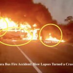 Andhra bus fire accident scene showing burnt vehicle after collision