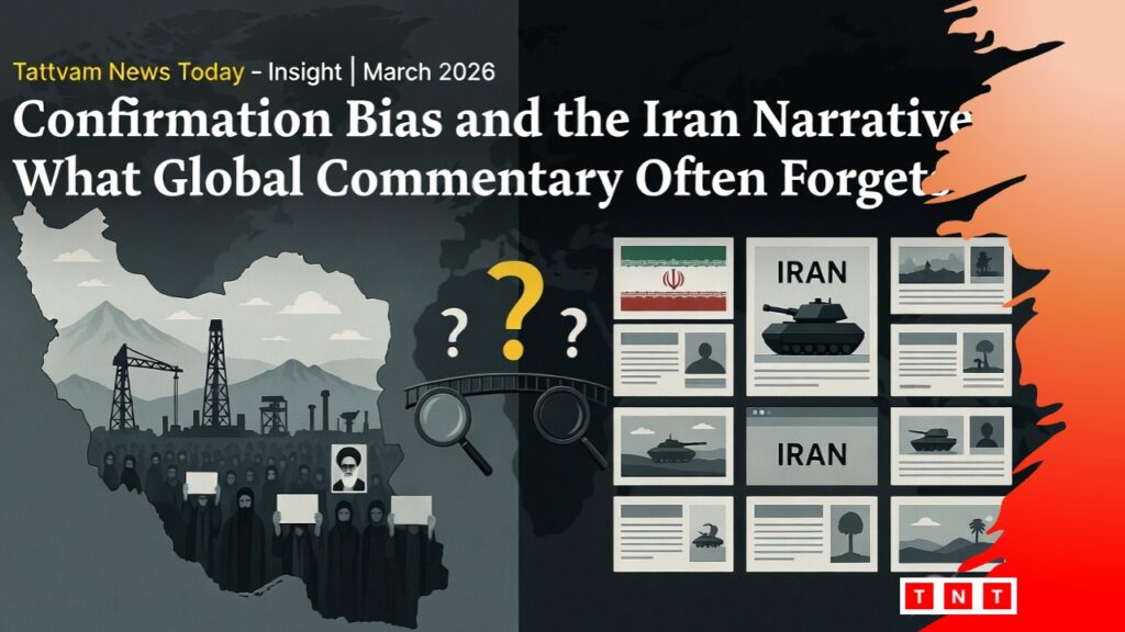 Illustration showing how confirmation bias shapes global narratives about Iran and Middle East geopolitics.