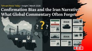 Illustration showing how confirmation bias shapes global narratives about Iran and Middle East geopolitics.