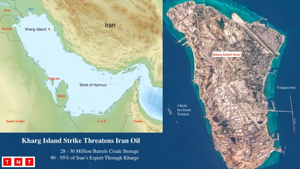 Map showing Kharg Island and Iran oil export infrastructure