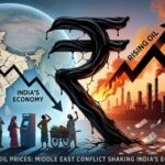 Conceptual illustration showing a giant dripping oil Rupee symbol between a rising oil price arrow and a declining map of India.