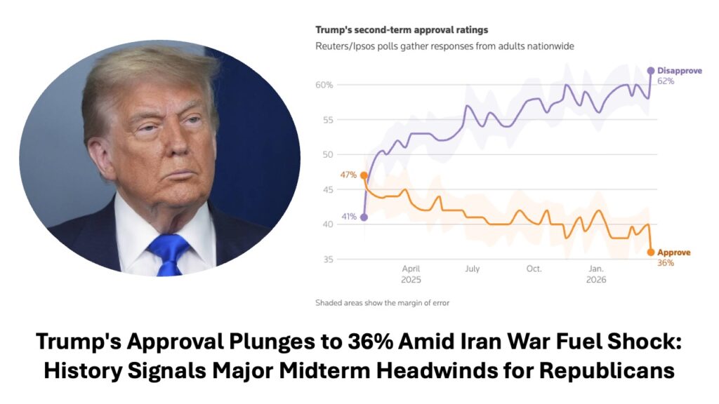 Trump approval rating 2026 chart showing decline to 36% amid fuel crisis