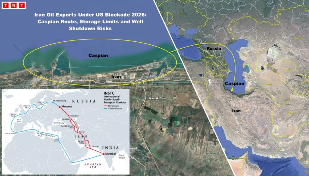 Iran oil exports US blockade 2026 showing Strait of Hormuz closure and Caspian Sea alternative routes