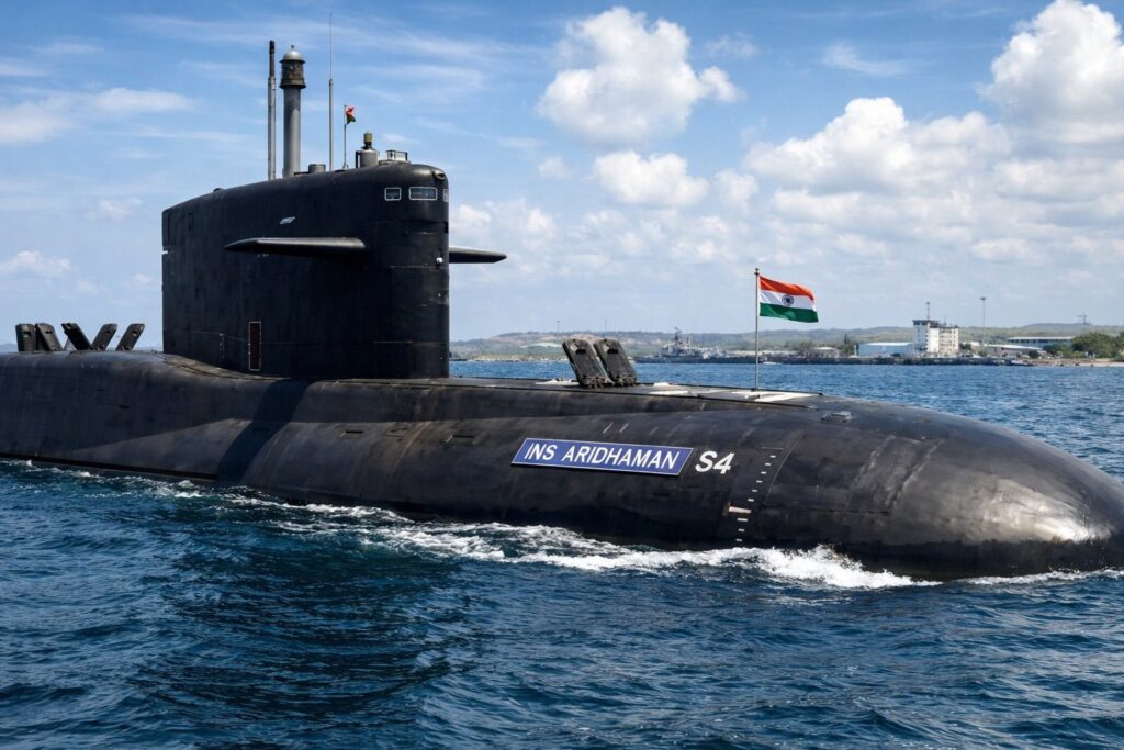 INS Aridhaman Arihant-class nuclear-powered ballistic missile submarine on surface – Indian Navy SSBN commissioned April 2026