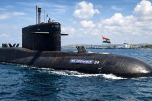 INS Aridhaman Arihant-class nuclear-powered ballistic missile submarine on surface – Indian Navy SSBN commissioned April 2026