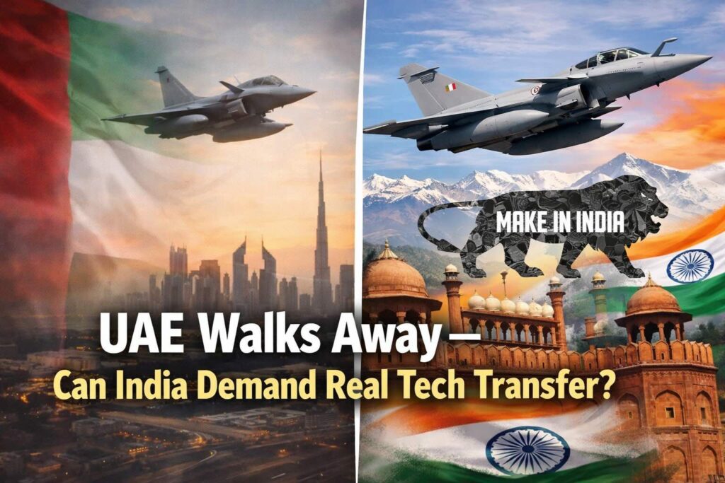 UAE Rafale Walkout: UAE flag with broken handshake and Rafale jet on left, Indian Air Force Rafale over Himalayas and Red Fort on right