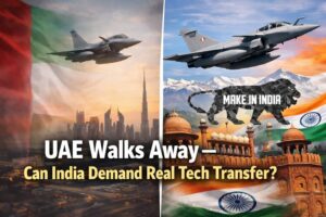 UAE Rafale Walkout: UAE flag with broken handshake and Rafale jet on left, Indian Air Force Rafale over Himalayas and Red Fort on right