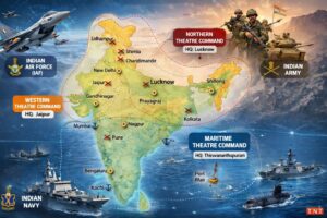 Illustration showing India Theatreisation Plan with three Integrated Commands—Northern, Western, and Maritime—under the new military reform structure scheduled for rollout in 2026.
