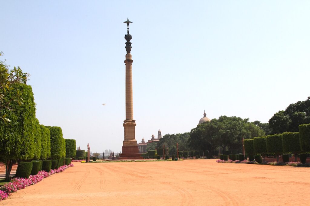 Jaipur Column 145-foot monumental column with bronze lotus and Star of India at Rashtrapati Bhavan forecourt, New Delhi