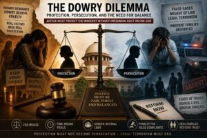 Dowry laws misuse in India legal terrorism concept 2026 – scales of justice with broken marriage