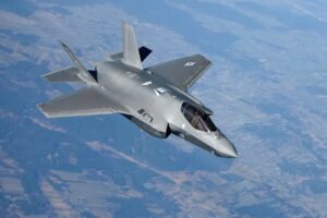 A US Air Force F-35A Lightning II flies during a combat air patrol mission amid heightened tensions in West Asia during Operation Epic Fury in 2026.