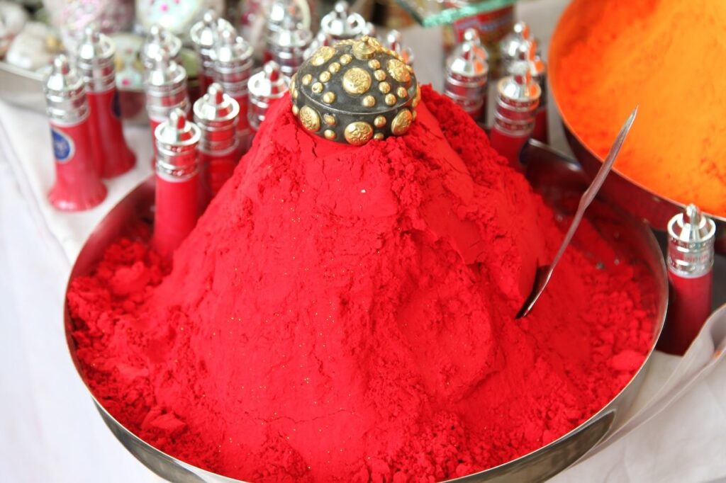 Traditional red sindoor powder used by Hindu married women as a symbol of marriage and devotion.