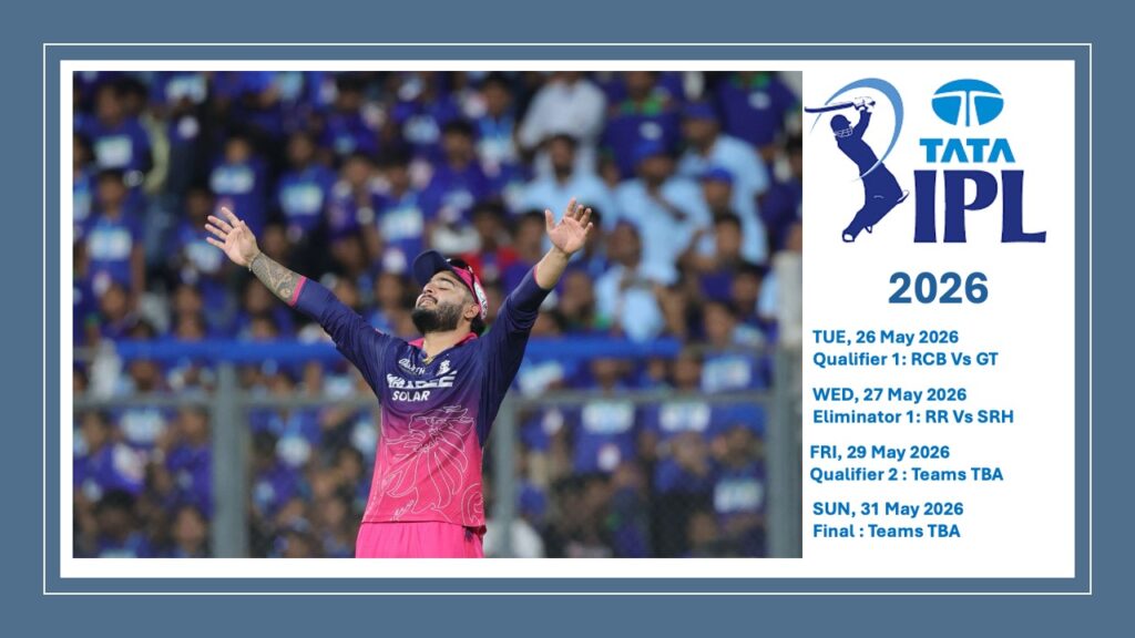 RR qualified for IPL 2026 Playoffs. The four teams are RCB, GT, SRH and RR.