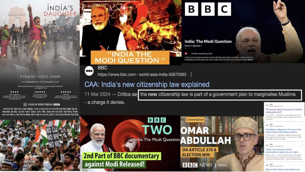 BBC India controversy collage featuring India The Modi Question documentary poster, India's Daughter film, BBC news headlines on CAA protests, Omar Abdullah interview and BJP related coverage