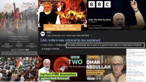 BBC India controversy collage featuring India The Modi Question documentary poster, India's Daughter film, BBC news headlines on CAA protests, Omar Abdullah interview and BJP related coverage