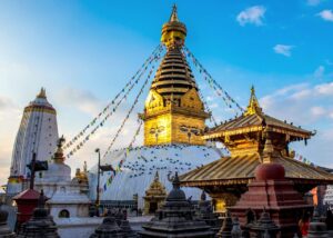 Swayambhunath Stupa with iconic golden spire and kalash, Monkey Temple, Kathmandu