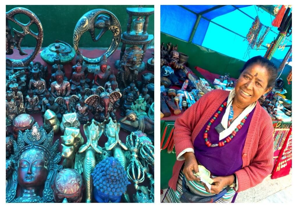 Woman selling handmade souvenirs, jewellery and small sculptures at a colourful stall at Swayambhunath