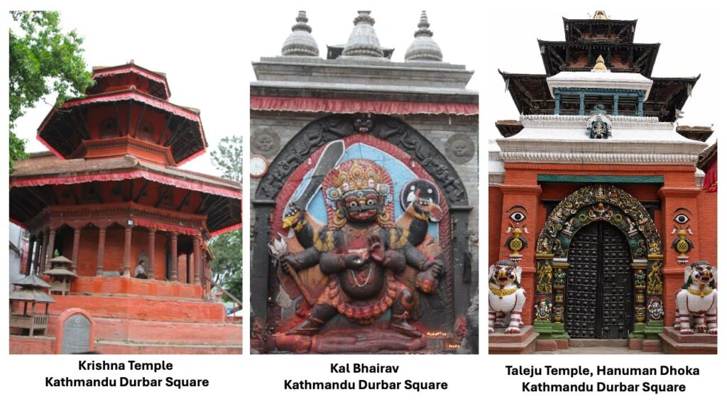 Krishna Temple, Kal Bhairav statue and Taleju Temple in Kathmandu Durbar Square (Hanuman Dhoka)